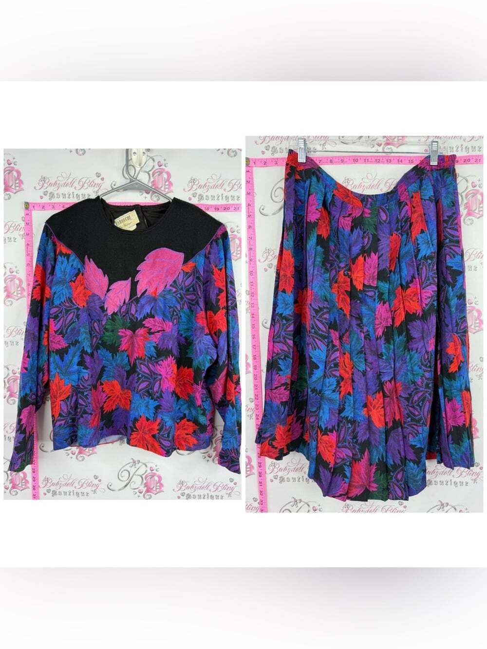 FAROUCHE set Vintage top & Floral Pleated Skirt - Multicolor retro 2 piece